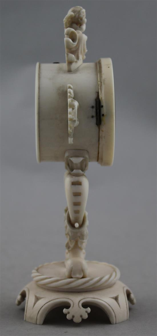 A 19th century French carved ivory boudoir timepiece, 6.5in.